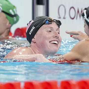 Lilly King (USA) and Kate Douglass (USA) in the women’s 200-meter breaststroke final during the Paris 2024 Olympic Summer Games at Paris La Défense Arena.