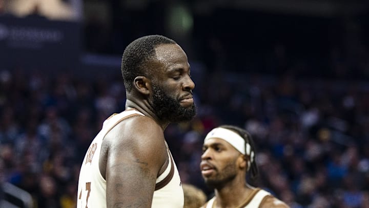 Nov 29, 2025; San Francisco, California, USA; Golden State Warriors forward Draymond Green (23) reacts during the second quarter against the New Orleans Pelicans at Chase Center. Mandatory Credit: John Hefti-Imagn Images