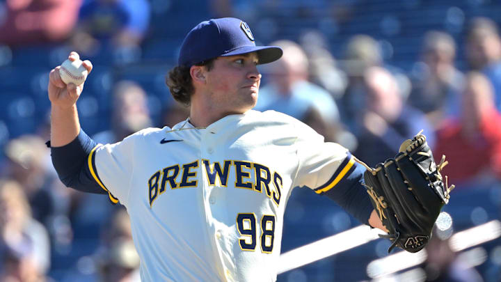 Feb 21, 2026; Phoenix, Arizona, USA;  Milwaukee Brewers pitcher Will Childers (98) delivers to the plate in the third inning against the against the Cleveland Guardians at American Family Fields of Phoenix. Mandatory Credit: Jayne Kamin-Oncea-Imagn Images