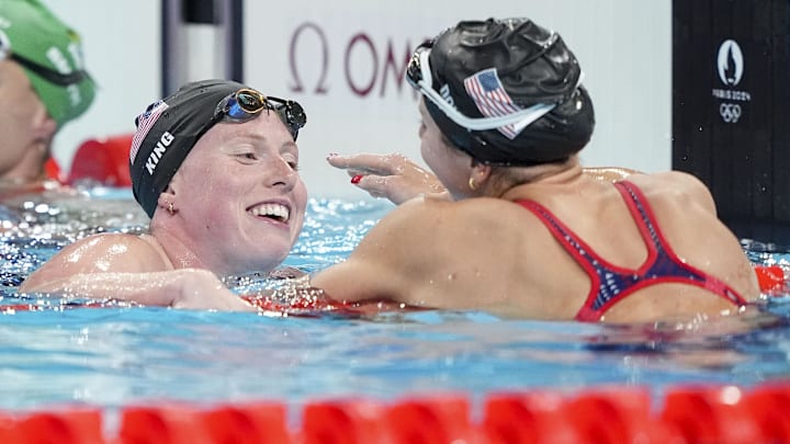 Lilly King (USA) and Kate Douglass (USA) in the women’s 200-meter breaststroke final during the Paris 2024 Olympic Summer Games at Paris La Défense Arena.