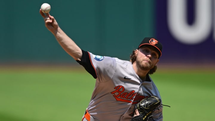 Aug 4, 2024; Cleveland, Ohio, USA; Baltimore Orioles starting pitcher Corbin Burnes (39) throws a pitch during the first inning against the Cleveland Guardians at Progressive Field.