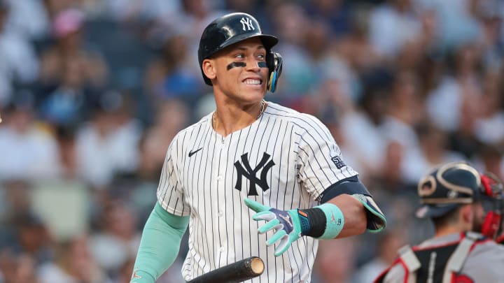 Jul 7, 2024; Bronx, New York, USA; New York Yankees center fielder Aaron Judge (99) reacts after striking out during the fourth inning against the Boston Red Sox at Yankee Stadium. Mandatory Credit: Vincent Carchietta-USA TODAY Sports