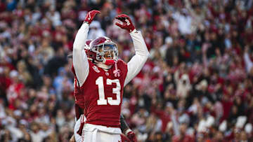 Nov 30, 2024; Tuscaloosa, Alabama, USA; Alabama Crimson Tide defensive back Malachi Moore (13) celebrates after a play against the Auburn Tigers during the second quarter at Bryant-Denny Stadium. Mandatory Credit: Will McLelland-Imagn Images