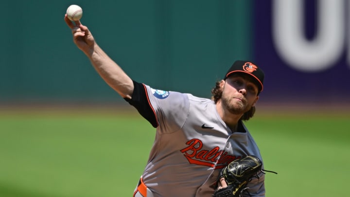 Aug 4, 2024; Cleveland, Ohio, USA; Baltimore Orioles starting pitcher Corbin Burnes (39) throws a pitch during the first inning against the Cleveland Guardians at Progressive Field. Mandatory Credit: David Dermer-USA TODAY Sports