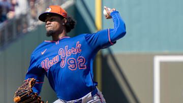 Mar 2, 2025; Fort Myers, Florida, USA; New York Mets pitcher Genesis Cabrera (92) in the fifth inning of their game with the Boston Red Sox at JetBlue Park at Fenway South. Mandatory Credit: Chris Tilley-Imagn Images