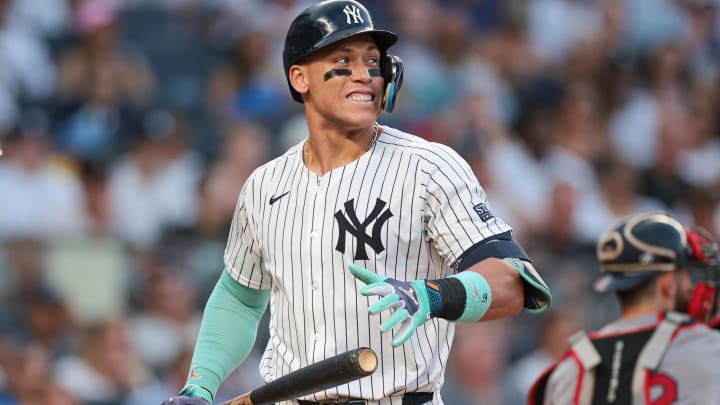 Jul 7, 2024; Bronx, New York, USA; New York Yankees center fielder Aaron Judge (99) reacts after striking out during the fourth inning against the Boston Red Sox at Yankee Stadium. Mandatory Credit: Vincent Carchietta-USA TODAY Sports