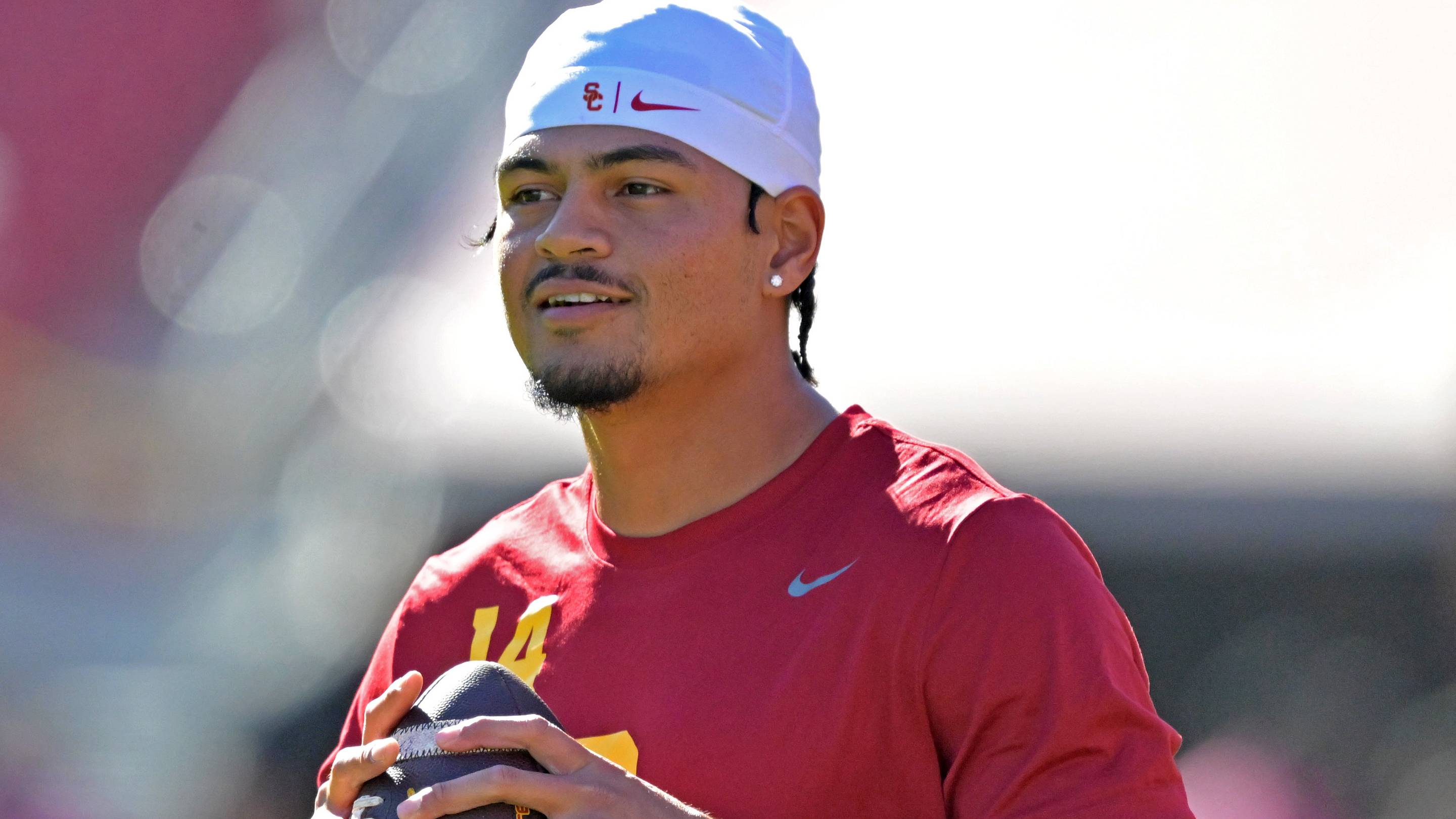 USC Trojans quarterback Jayden Maiava (14) warms up prior to the game against the Michigan Wolverines at United Airlines Field at the Los Angeles Memorial Coliseum.