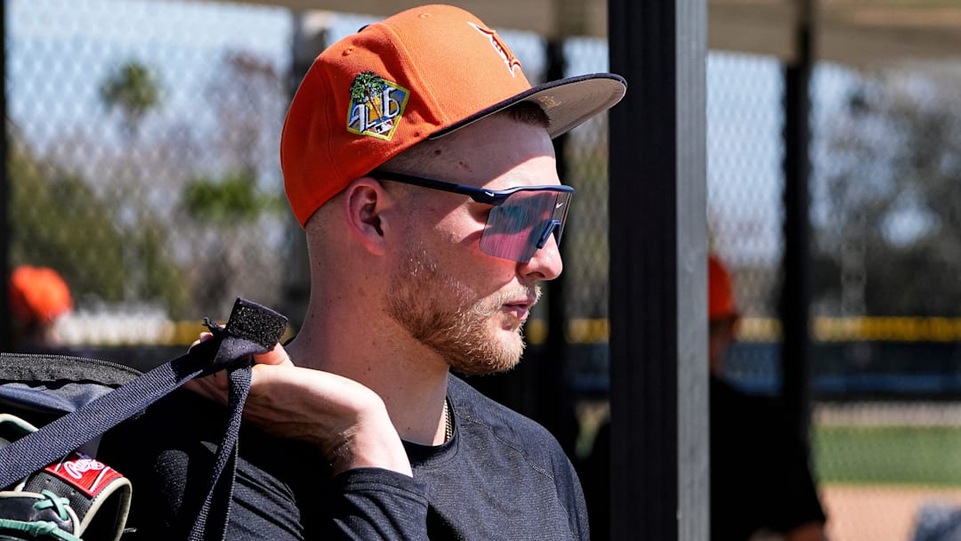 Detroit Tigers outfielder Parker Meadows walks off the field after practice during spring training at TigerTown in Lakeland, Fla. on Friday, Feb. 13, 2026.