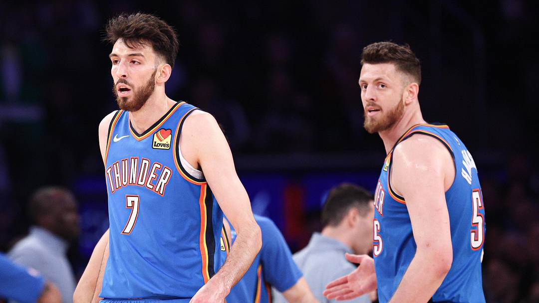 Mar 4, 2026; New York, New York, USA; Oklahoma City Thunder center Chet Holmgren (7) and center Isaiah Hartenstein (55) react after a basket during the first half against the New York Knicks at Madison Square Garden. Mandatory Credit: Vincent Carchietta-Imagn Images Mar 4, 2026; New York, New York, USA; Oklahoma City Thunder center Chet Holmgren (7) and center Isaiah Hartenstein (55) react after a basket during the first half against the New York Knicks at Madison Square Garden. Mandatory Credit: Vincent Carchietta-Imagn Images