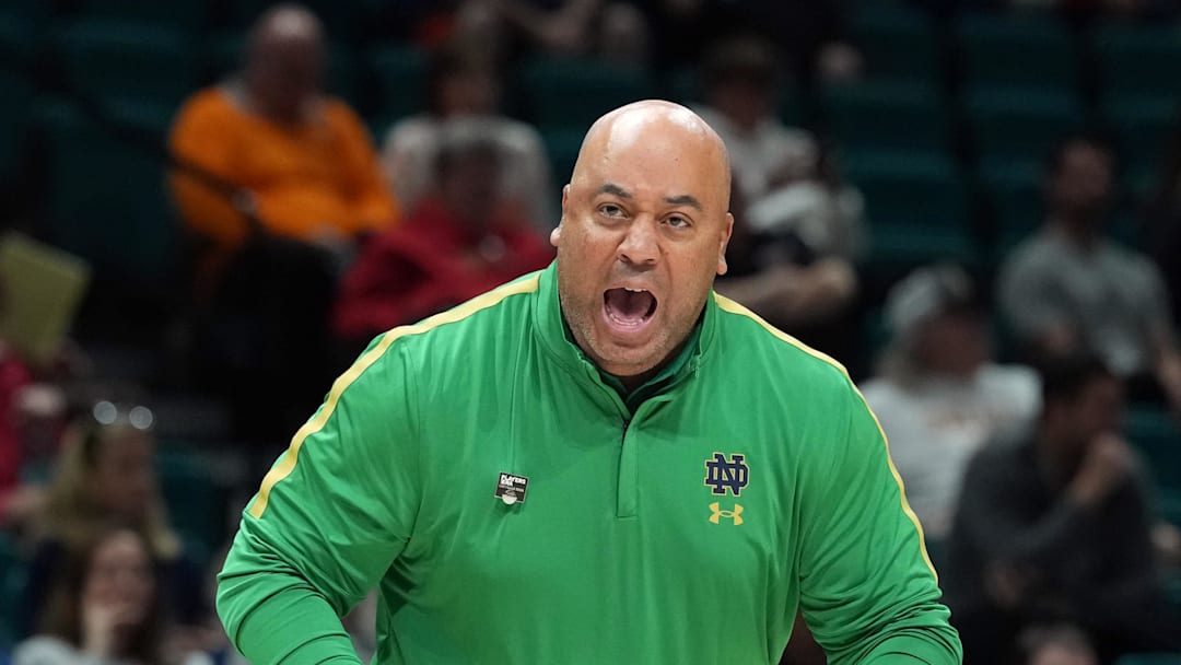Nov 26, 2025; Las Vegas, NV, USA; Notre Dame Fighting Irish head coach Micah Shrewsberry reacts against the Houston Cougars in the 2025 Players Era Festival at MGM Grand Garden Arena. Mandatory Credit: Kirby Lee-Imagn Images