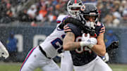 Nov 9, 2025; Chicago, Illinois, USA; Chicago Bears tight end Colston Loveland (84) makes a catch over New York Giants cornerback Cordale Flott (28) during the second half at Soldier Field. 