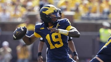 Oct 4, 2025; Ann Arbor, Michigan, USA;  Michigan Wolverines quarterback Bryce Underwood (19) passes in the second half against the Wisconsin Badgers at Michigan Stadium. Mandatory Credit: Rick Osentoski-Imagn Images