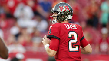 Aug 9, 2025; Tampa, Florida, USA; Tampa Bay Buccaneers quarterback Kyle Trask (2) drops back to pass a preseason game against the Tennessee Titans in the first quarter at Raymond James Stadium. Mandatory Credit: Nathan Ray Seebeck-Imagn Images