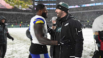Jan 19, 2025; Philadelphia, Pennsylvania, USA; Los Angeles Rams linebacker Jared Verse (8) greets Philadelphia Eagles head coach Nick Sirianni (right) after the 2025 NFC divisional round game at Lincoln Financial Field. Mandatory Credit: Eric Hartline-Imagn Images