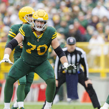 Oct 16, 2022; Green Bay, Wisconsin, USA;  Green Bay Packers offensive linenam Royce Newman (70) during the game against the New York Jets at Lambeau Field. Mandatory Credit: Jeff Hanisch-Imagn Images