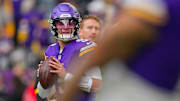 Nov 9, 2025; Minneapolis, Minnesota, USA; Minnesota Vikings quarterback J.J. McCarthy (9) warms up before the game against the Baltimore Ravens at U.S. Bank Stadium. Mandatory Credit: Brad Rempel-Imagn Images