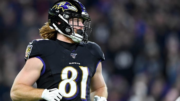 Nov 3, 2019; Baltimore, MD, USA; Baltimore Ravens tight end Hayden Hurst (81) runs a route during