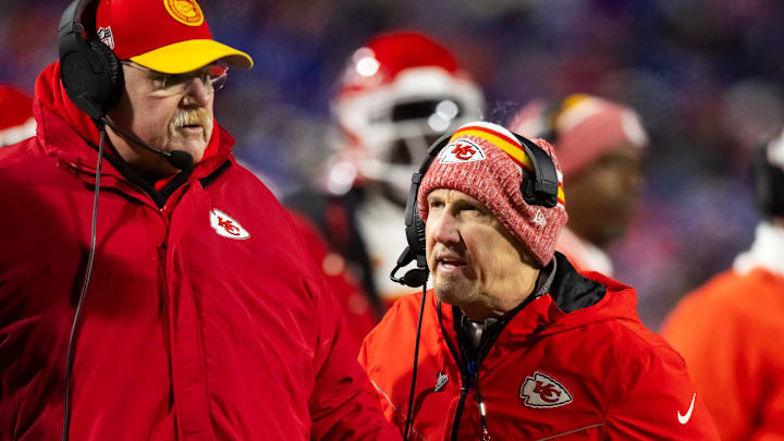 Jan 21, 2024; Orchard Park, New York, USA; Kansas City head coach Andy Reid (left) with defensive coordinator Steve Spagnuolo against the Buffalo Bills for the 2024 AFC divisional round game at Highmark Stadium. Mandatory Credit: Mark J. Rebilas-Imagn Images