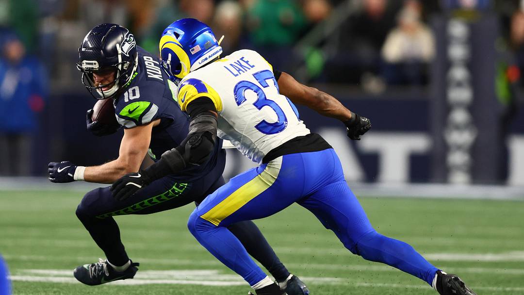 Jan 25, 2026; Seattle, WA, USA; Seattle Seahawks wide receiver Cooper Kupp (10) runs against Los Angeles Rams safety Quentin Lake (37) during the second half in the 2026 NFC Championship Game at Lumen Field. Mandatory Credit: Kevin Ng-Imagn Images