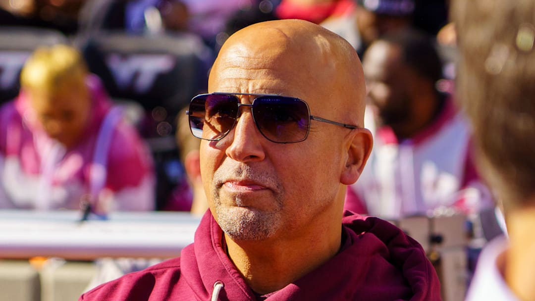Nov 22, 2025; Blacksburg, Virginia, USA; Virginia Tech Hokies head coach James Franklin on the sidelines before the start of the game against the Miami (FL) Hurricanes at Lane Stadium. Mandatory Credit: Neville E. Guard-Imagn Images