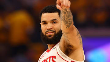 Apr 28, 2025; San Francisco, California, USA; Houston Rockets guard Fred VanVleet (5) points during the first quarter of game four of the 2025 NBA Playoffs first round against the Golden State Warriors at Chase Center. Mandatory Credit: Kelley L Cox-Imagn Images
