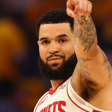 Apr 28, 2025; San Francisco, California, USA; Houston Rockets guard Fred VanVleet (5) points during the first quarter of game four of the 2025 NBA Playoffs first round against the Golden State Warriors at Chase Center. Mandatory Credit: Kelley L Cox-Imagn Images