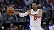Apr 24, 2025; Detroit, Michigan, USA; Detroit Pistons forward Tobias Harris (12) passes in the second half against the New York Knicks during game three of first round for the 2024 NBA Playoffs at Little Caesars Arena. Mandatory Credit: Rick Osentoski-Imagn Images