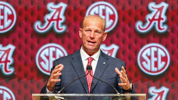 Jul 16, 2025; Atlanta, GA, USA; University of Alabama head coach Kalen Deboer talks to the media during the SEC Media Days at Omni Atlanta Hotel. Mandatory Credit: Jordan Godfree-Imagn Images