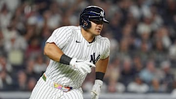 Sep 12, 2024; Bronx, New York, USA; New York Yankees left fielder Jasson Dominguez (89) runs out a single against the Boston Red Sox during the second inning at Yankee Stadium. Mandatory Credit: Gregory Fisher-Imagn Images