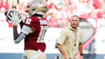 Aug 24, 2024; Dublin, IRL; Florida State University head coach Mike Norvell before the game against Georgia Tech at Aviva Stadium. Mandatory Credit: Tom Maher/INPHO via Imagn Images