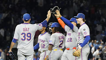 Sep 25, 2025; Chicago, Illinois, USA; The New York Mets celebrate their win against the Chicago Cubs at Wrigley Field. Mandatory Credit: David Banks-Imagn Images