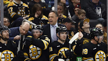 Oct 13, 2025; Boston, Massachusetts, USA; Boston Bruins head coach Marco Sturm talks to his players during the third period against the Tampa Bay Lightning at TD Garden. Mandatory Credit: Winslow Townson-Imagn Images