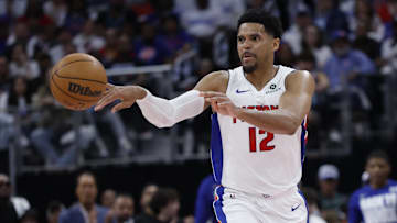 Apr 24, 2025; Detroit, Michigan, USA; Detroit Pistons forward Tobias Harris (12) passes in the second half against the New York Knicks during game three of first round for the 2024 NBA Playoffs at Little Caesars Arena. Mandatory Credit: Rick Osentoski-Imagn Images