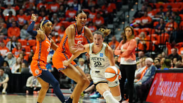 New York Liberty guard Sabrina Ionescu (20) drives the ball against Connecticut Sun forward Olivia Nelson-Ododa (10) in the first half during game three of the 2023 WNBA Playoffs at Mohegan Sun Arena.