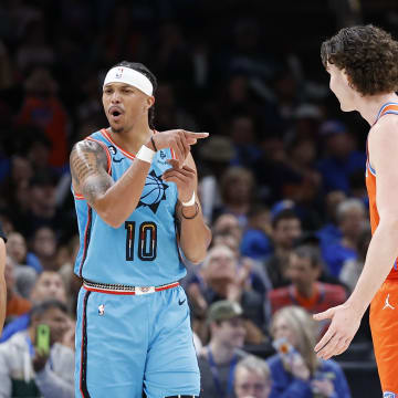 Mar 19, 2023; Oklahoma City, Oklahoma, USA; Phoenix Suns guard Damion Lee (10) gestures to the officials on a play against Oklahoma City Thunder guard Josh Giddey (3) during the second quarter at Paycom Center. Mandatory Credit: Alonzo Adams-USA TODAY Sports