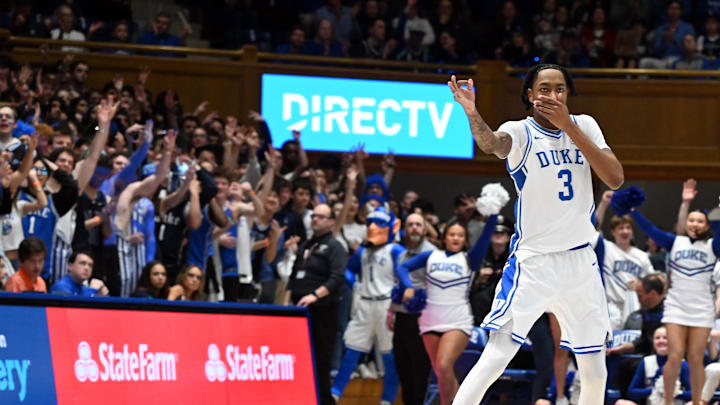 Feb 28, 2026; Durham, North Carolina, USA; Duke Blue Devils forward Isaiah Evans (3) reacts after hitting a three-pointer during the second half against the Virginia Cavaliers at Cameron Indoor Stadium.   Duke won 77-51.  Mandatory Credit: Rob Kinnan-Imagn Images