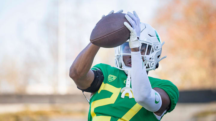 Oregon defensive back Daylen Austin during practice with the Oregon Ducks Tuesday, April 2, 2024 in Eugene, Ore.