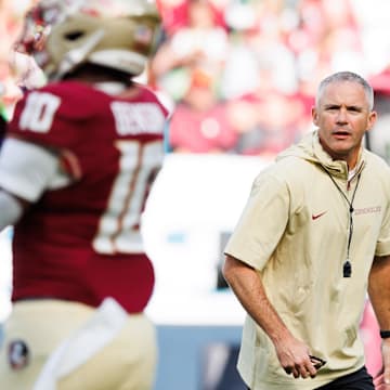 Aug 24, 2024; Dublin, IRL; Florida State University head coach Mike Norvell before the game against Georgia Tech at Aviva Stadium. Mandatory Credit: Tom Maher/INPHO via Imagn Images