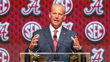 Jul 16, 2025; Atlanta, GA, USA; University of Alabama head coach Kalen Deboer talks to the media during the SEC Media Days at Omni Atlanta Hotel. 