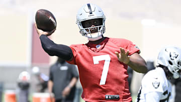 Jun 11, 2025; Henderson, NV, USA; Las Vegas Raiders quarterback Geno Smith (7) throws the ball during Las Vegas Raiders Minicamp at Intermountain Health Performance Center. Mandatory Credit: Candice Ward-Imagn Images