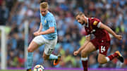 Citys Kevin de Bruyne (links) trifft auf Liverpool um Jordan Henderson