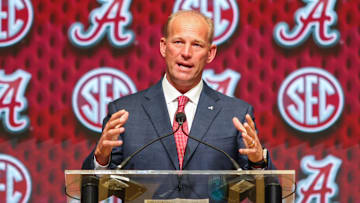 Jul 16, 2025; Atlanta, GA, USA; University of Alabama head coach Kalen DeBoer talks to the media during the SEC Media Days at Omni Atlanta Hotel. Mandatory Credit: Jordan Godfree-Imagn Images