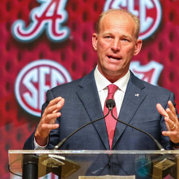 Jul 16, 2025; Atlanta, GA, USA; University of Alabama head coach Kalen DeBoer talks to the media during the SEC Media Days at Omni Atlanta Hotel. Mandatory Credit: Jordan Godfree-Imagn Images