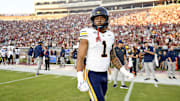 Sep 21, 2024; Tallahassee, Florida, USA; California Golden Bears running back Jaydn Ott (1) before the start of the first half against the Florida State Seminoles at Doak S. Campbell Stadium. Mandatory Credit: Melina Myers-Imagn Images