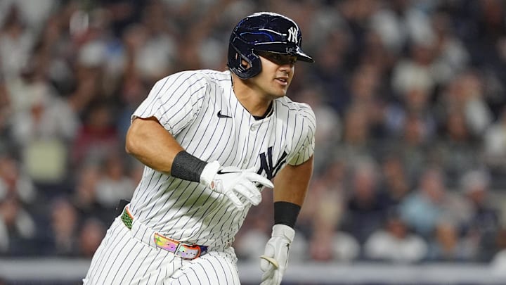 Sep 12, 2024; Bronx, New York, USA; New York Yankees left fielder Jasson Dominguez (89) runs out a single against the Boston Red Sox during the second inning at Yankee Stadium. Mandatory Credit: Gregory Fisher-Imagn Images