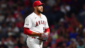 August 3, 2023; Anaheim, California, USA; Los Angeles Angels relief pitcher Carlos Estevez (53)