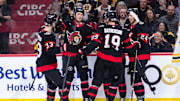 Mar 13, 2025; Ottawa, Ontario, CAN; Ottawa Senators defenseman Tyle Kleven (43) celebrates with defenseman Nikolas Matinpalo (33), right wing Drake Batherson (19), center Dylan Cozens (24), and left wing David Perron (57) after scoring a goal in the first period against the Boston Bruins at the Canadian Tire Centre. Mandatory Credit: Marc DesRosiers-Imagn Images