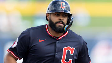 Mar 3, 2025; Peoria, Arizona, USA; Cleveland Guardians outfielder Johnathan Rodriguez rounds the bases after hitting a home run against the Seattle Mariners during a spring training game at Peoria Sports Complex. Mandatory Credit: Mark J. Rebilas-Imagn Images