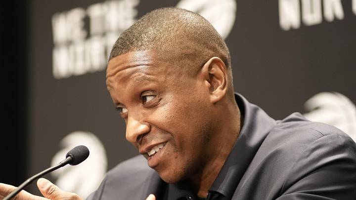Oct 2, 2023; Toronto, ON, Canada; Toronto Raptors president Masai Ujiri responds to a question during Media Day at the Hilton Toronto. Mandatory Credit: John E. Sokolowski-Imagn Images