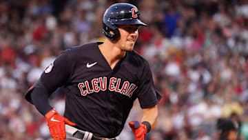 Jul 26, 2022; Boston, Massachusetts, USA; Cleveland Guardians third baseman Nolan Jones (33) hits a three run home run against the Boston Red Sox in the third inning at Fenway Park. Mandatory Credit: David Butler II-Imagn Images